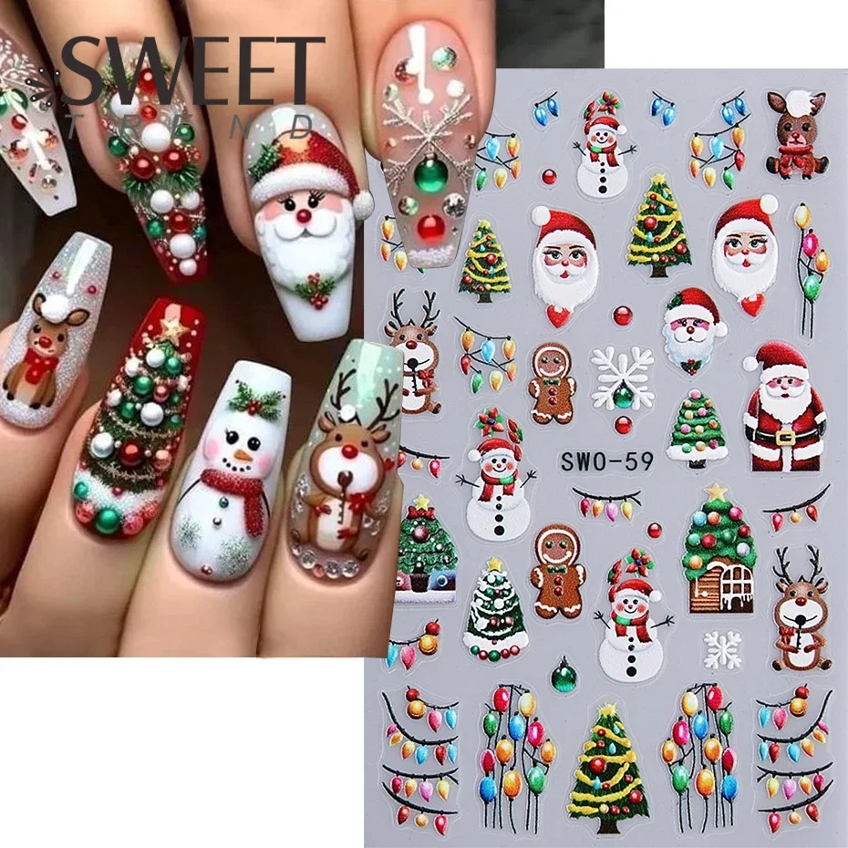 Christmas Cartoon Nail Art Stickers Santa Claus Neon Lamp Gingerbread Man Tree Self Adhesive Decals Snowman DIY Manicure Decor