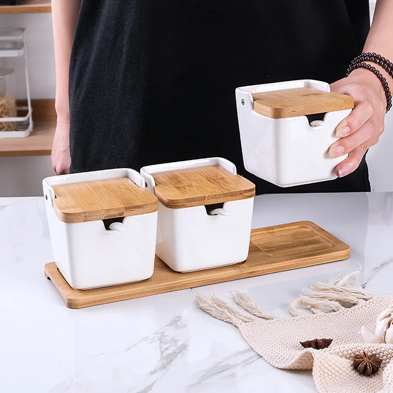 Square Ceramic Seasoning Jars Bamboo and Wood Seasoning Jar Japanese Jar Kitchen Household Salt Seasoning Box Set