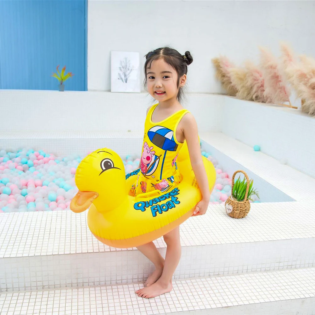 Inflatable Duck Swimming Ring with Handle Cartoon Animals Float Boat PVC Duck Shaped Swim Circles Kids Water Play Equipment