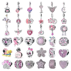 925 Sterling Silver Pink Perfume Charm Forever Mom Heart lotus Flower Pendant Bead Fit Original Bracelet Women DIY Jewelry