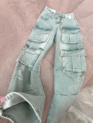 American Retro Multi Pocket Cargo Jeans High Waist Wide Leg Straight Denim Pants Large Size Casual Trousers Streetwear