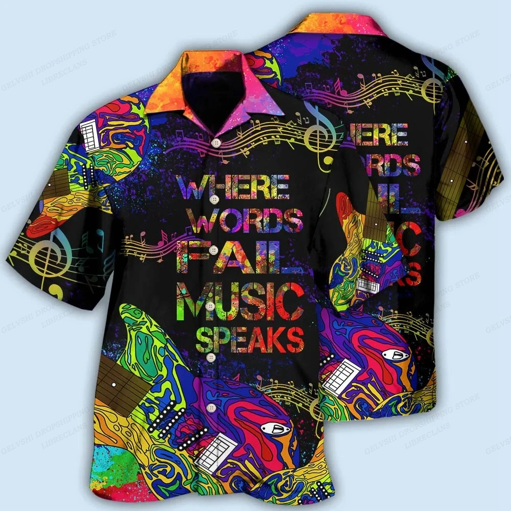 Music Hawaiian Shirt Men Fashion Short Sleeve Casual Shirts Beach Blouse Men\'s Clothing Camping Shirts Vocation Turn Over Collar