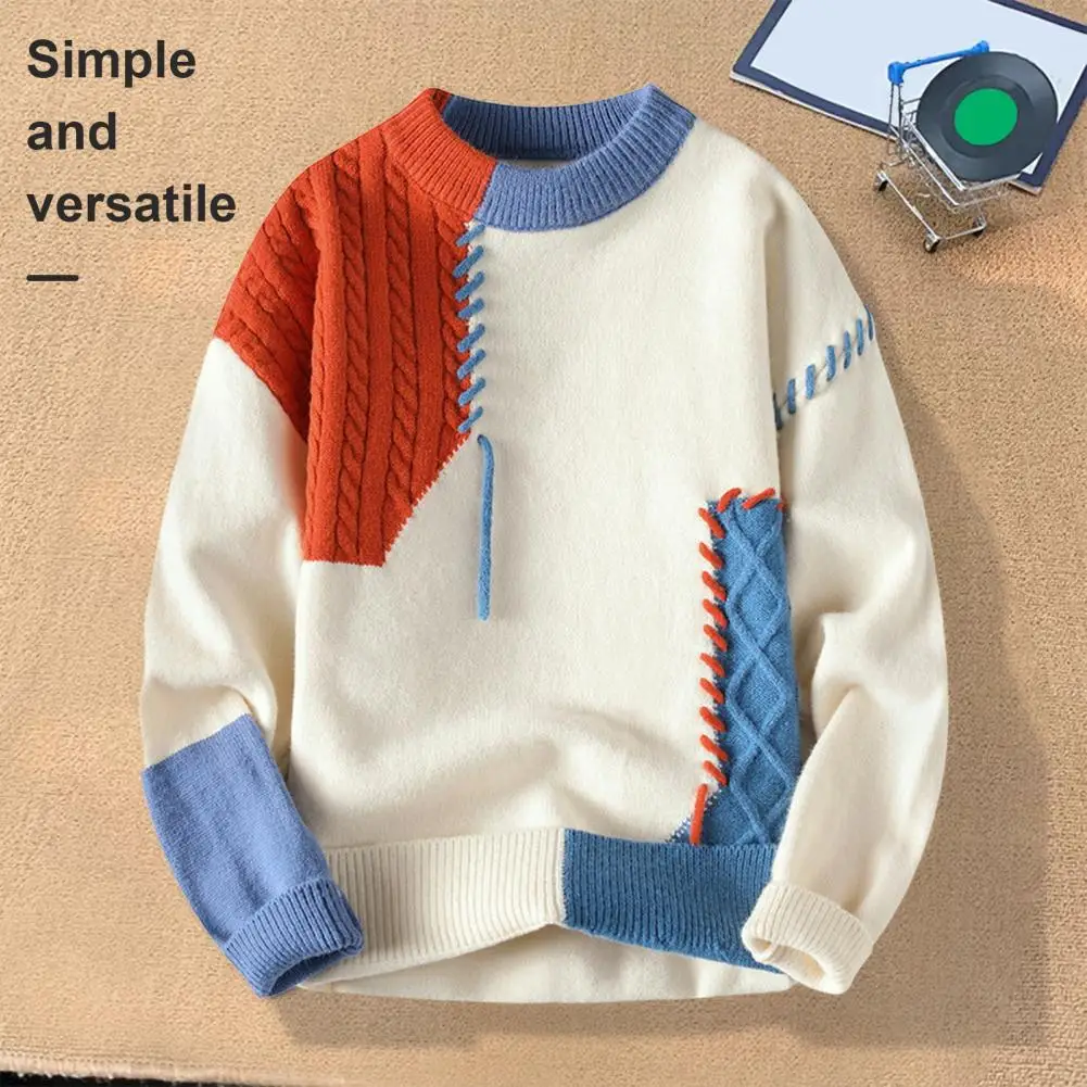 

Autumn Winter Men Sweater Color Blocking Slicing Design Round Neck Loose Knitted Pullover Thick Warm Bottoming Sweater Casual We