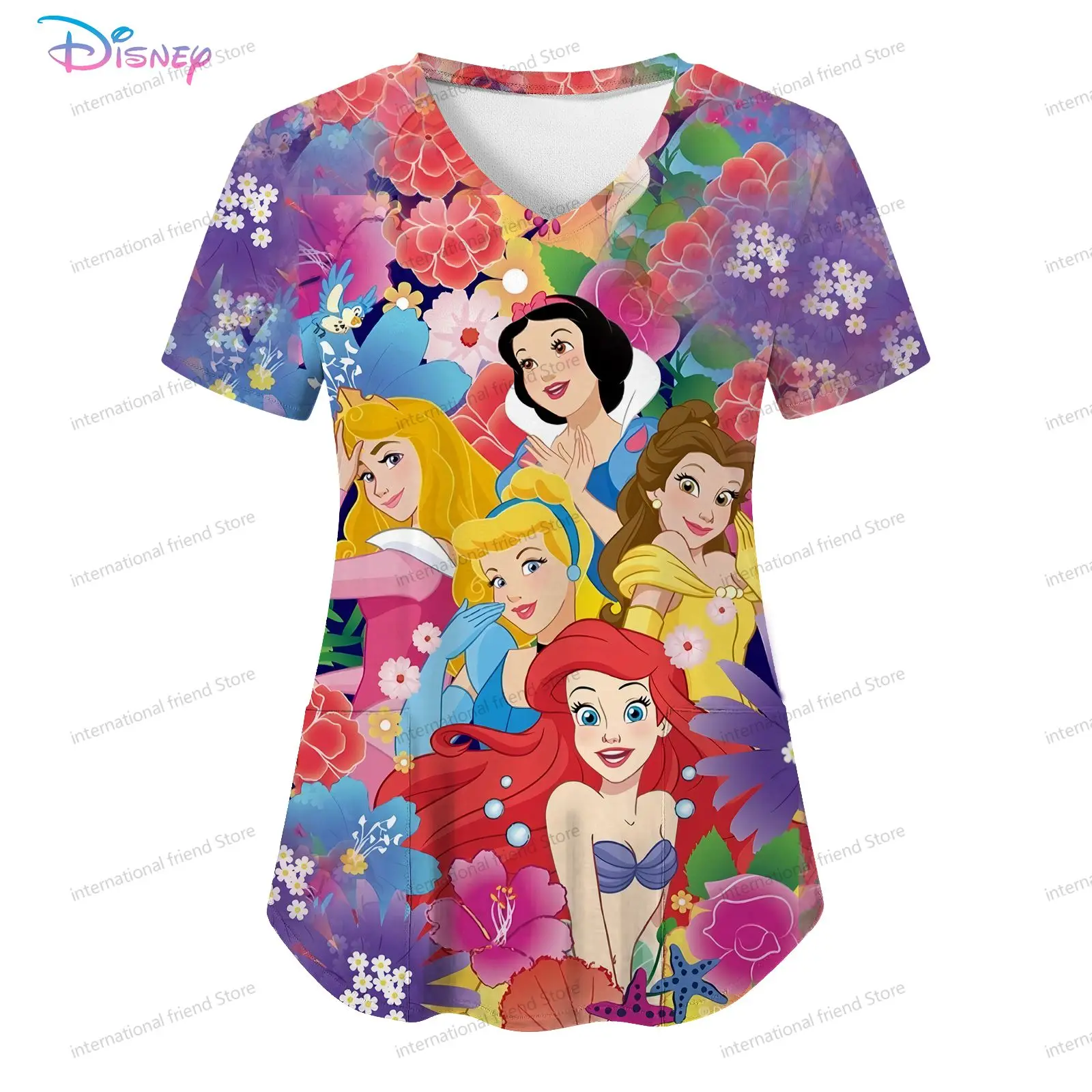 Pocket Disney Princess Women's V Neck Nurse Uniform T-Shirt S-2XL Y2k 2024 Kawaii Youthful Woman Clothes Cheap Top New Dress