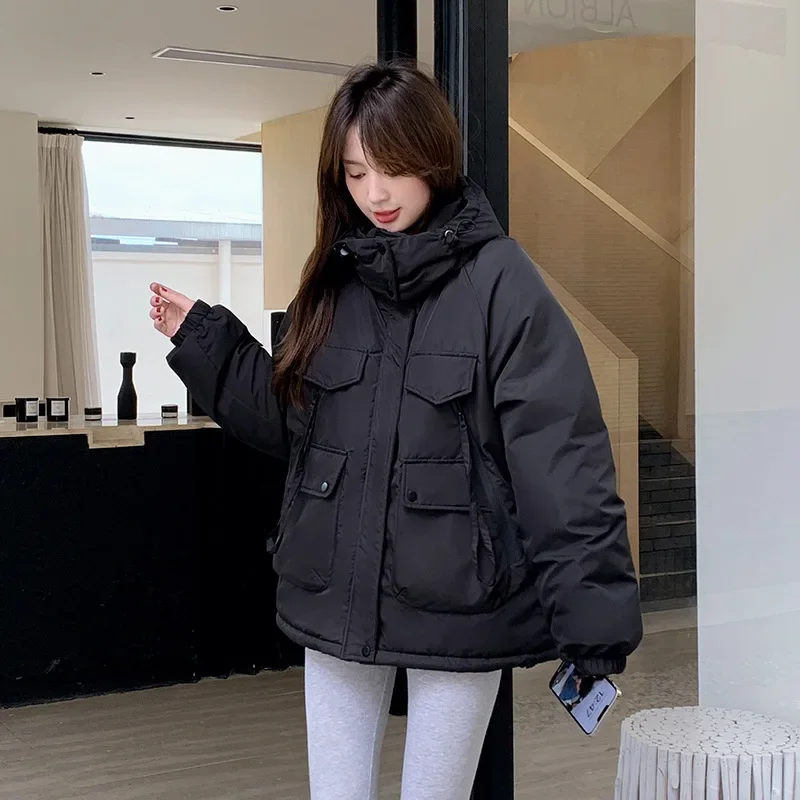 Workwear Cotton Jacket Women's 2024 Winter New Hooded Casual Plush Thick Coat