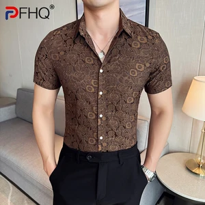 PFHQ Summer New Men's Slim Fit Shirt Short Sleeved Fashionable Versatile 2024 New Fashion Solid Color Male Tops 21Z5364
