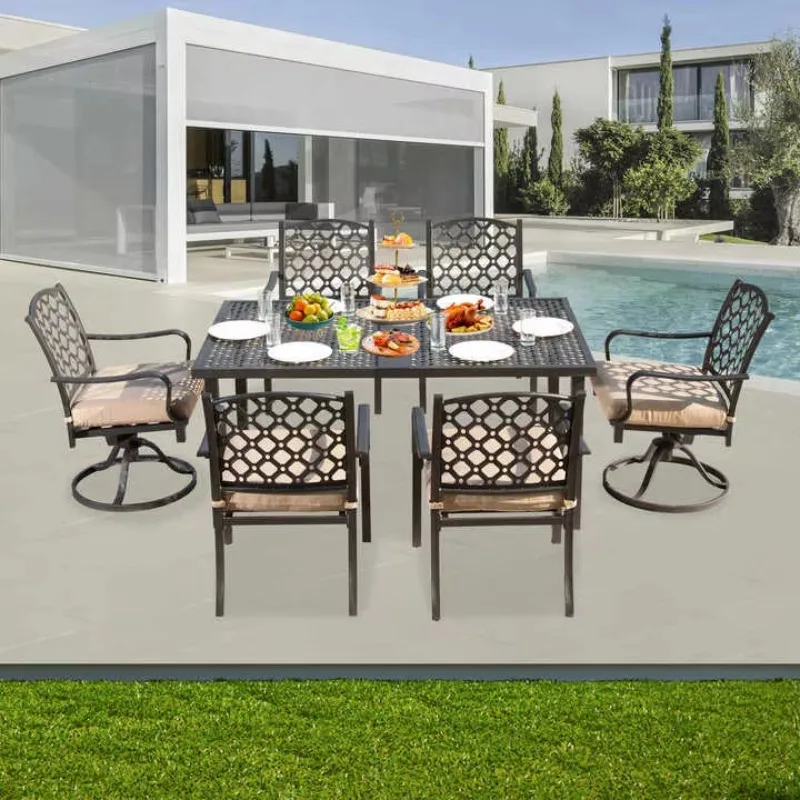 

High Quality Outdoor Dining Set Modern Design Patio Extendable Table with Swivel Rattan Iron Chairs for Courtyard Garden Hotels