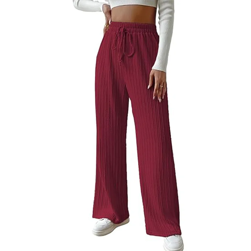 المرأة عادية مستقيم الساق السراويل محكم محبوك مطوي السراويل الإناث عالية قطع موضة مرونة الخصر واسعة الساق السراويل الطويلة