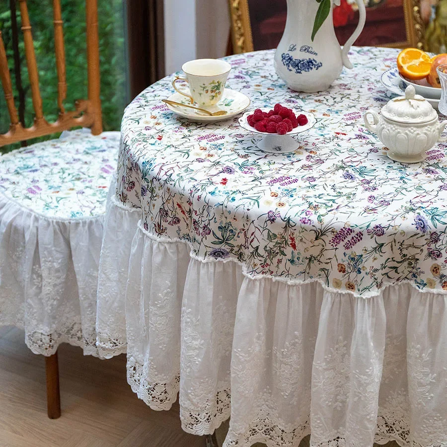 New French Pastoral Style Tablecloth Lace Round Tablecloth Floral Pattern Garden Table Decorative Cloth Picnic Cloth For Outing
