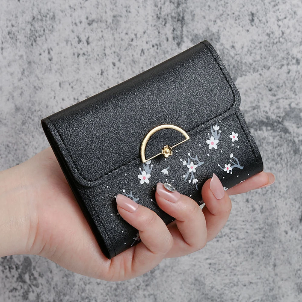 Flower Printed Purse Women PU Leather Three Fold Wallet Cash Bag Ladies Clutch Short Wallet ID Card Holder Cute Handheld Wallet