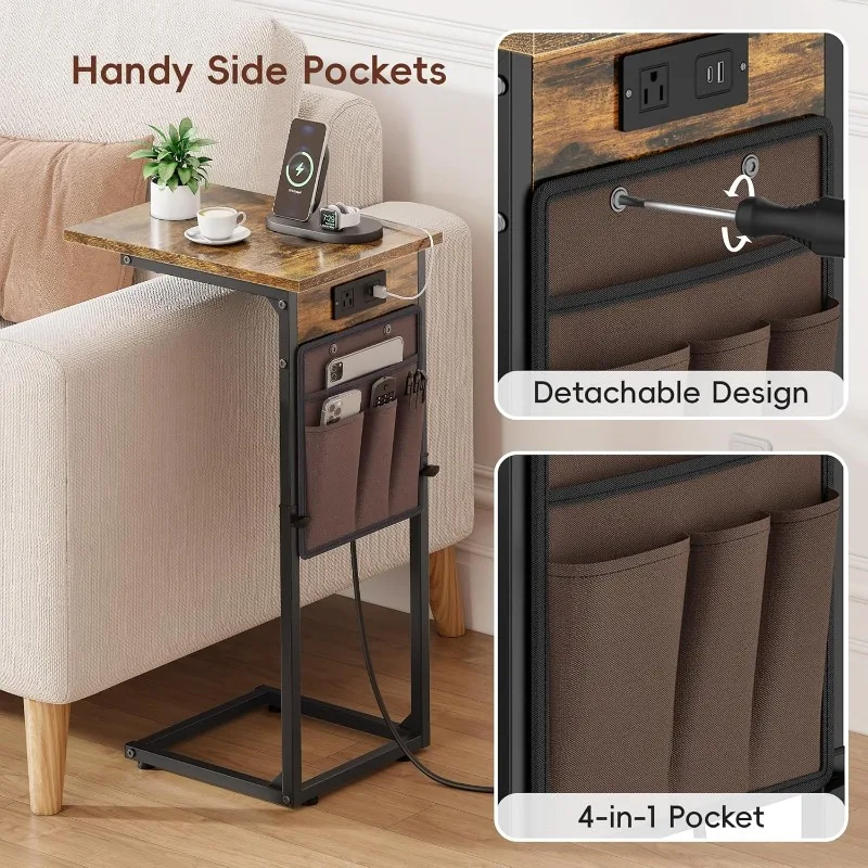 

Adjustable Height Side Table for Couch, Small Sofa Table with Storage Bag, Slide Under Sofa TV Tray Snack Arm Tables