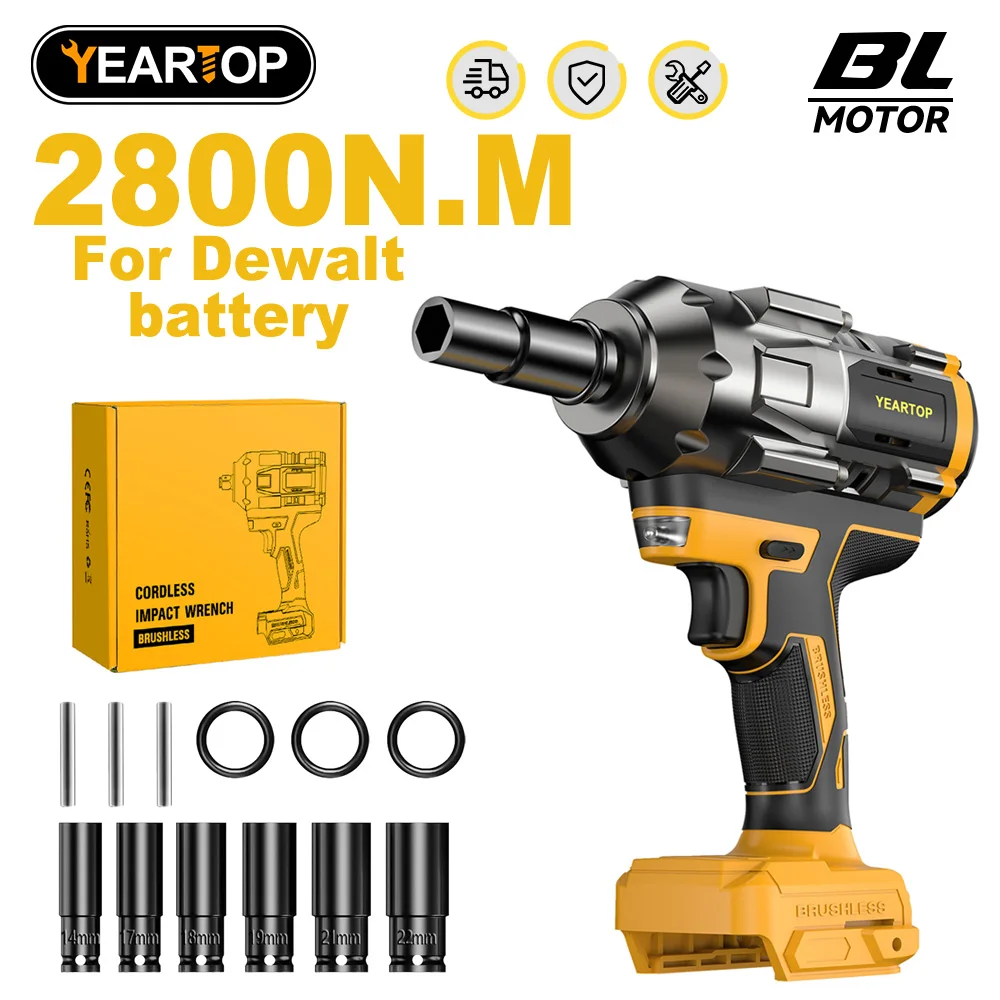 YEARTOP 2800N.M Torque Brushless Electric Impact Wrench 1/2 inch Cordless Wrench Screwdriver Power Tool Compatible with Dewalt