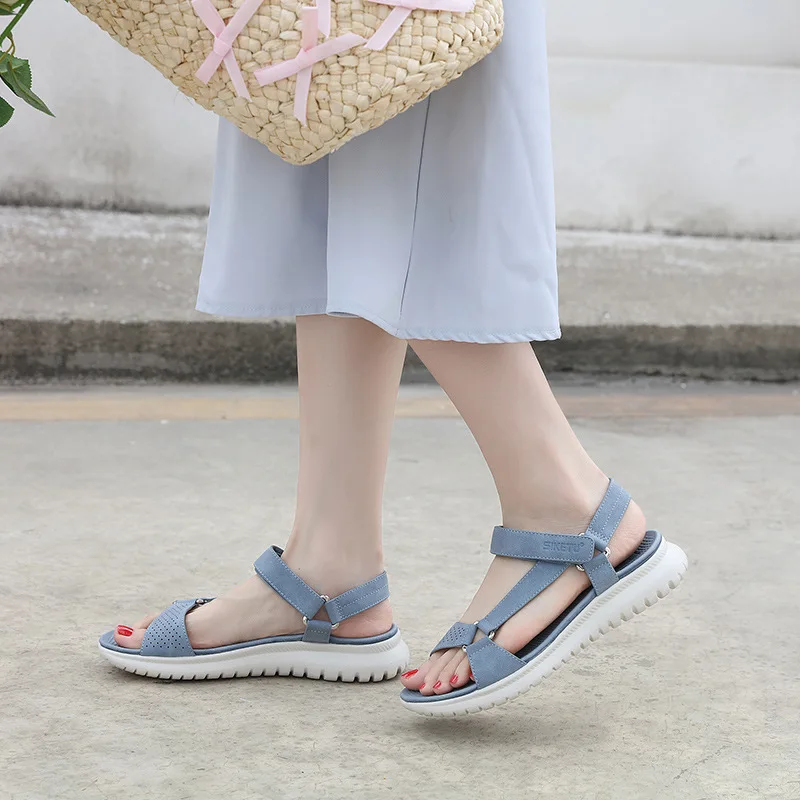 SIKETU Brand Summer Fashion Flat Heel Sandals Women Novelty Cut Out Vamp Adjustable Buckle Daily Shoes Hook Loop Beach Soft Blue