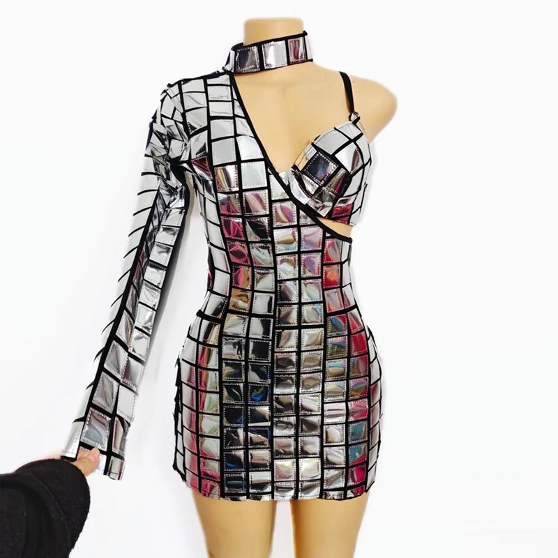 

Single Sleeve Mirrors Party Dress Women Group Jazz Dance Costume Dj Ds Bar Nightclub Gogo Outfit Stage Performance Wear XS9534