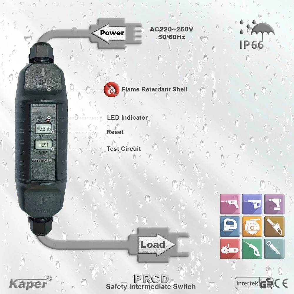 PRCD,Power Leakage Protection Intermediate Switch For Extension Lead,Outdoor Mains Cable Connection,Trigger 30mA / 10mA IP66