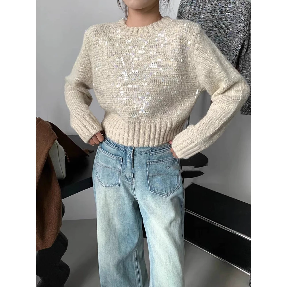 

Women Fashion Sequins Sweater Contrast Color Long SLeev Slim Pullover Knitting Shirt Female Spring Fall Commute Versatile Tops