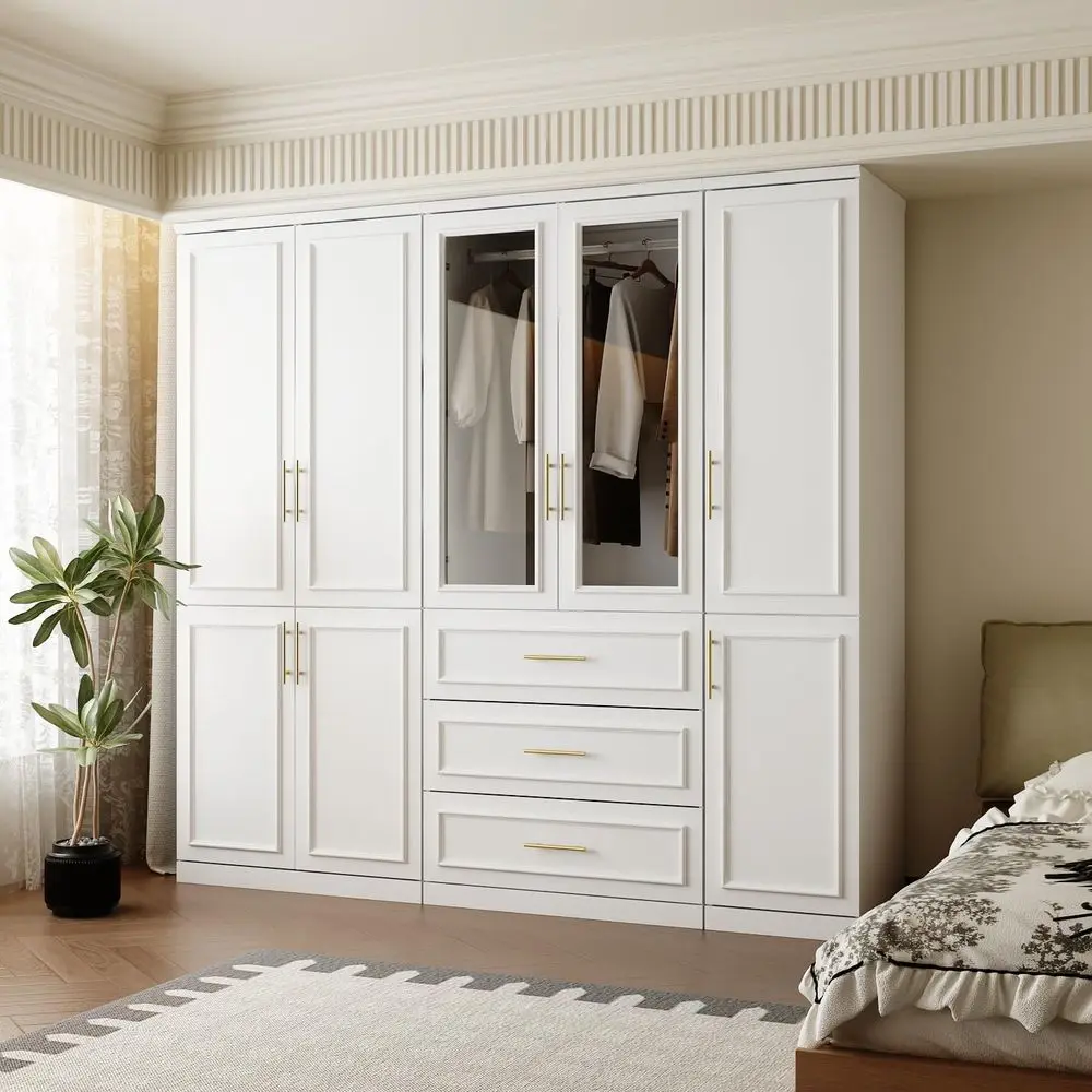 

Contemporary White Bedroom Armoire with Gold Handles, Featuring Drawers, Shelves, Hanging Rod, 79.1W x 19.3D x 74.8H