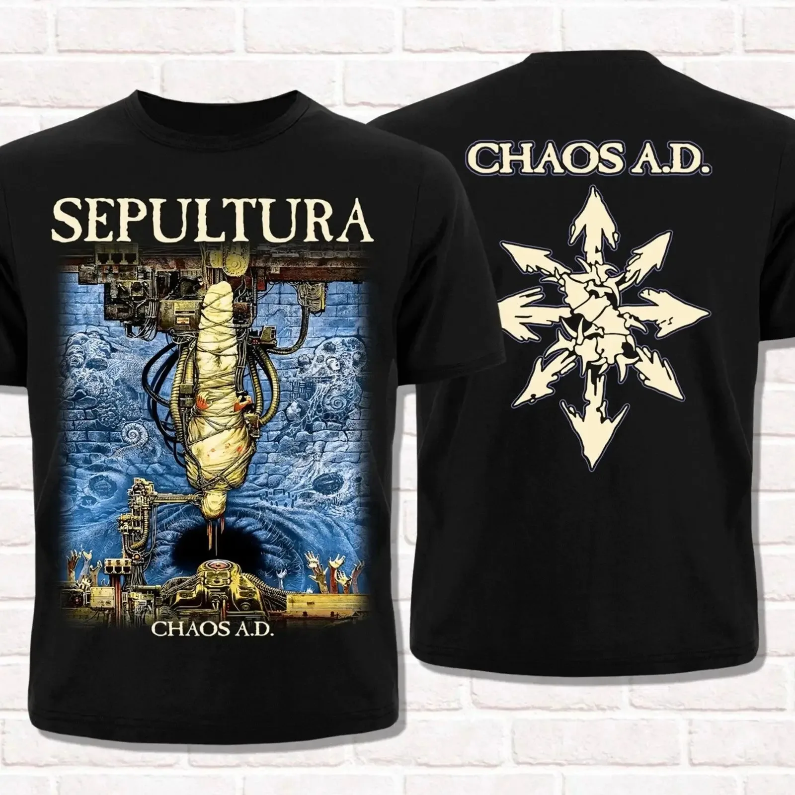 

Sepultura "Chaos A.D." Double-Sided Graphic T-Shirt: Front Album-Themed Art & Back Band Symbol (Tied to the Band's 1993 Genre