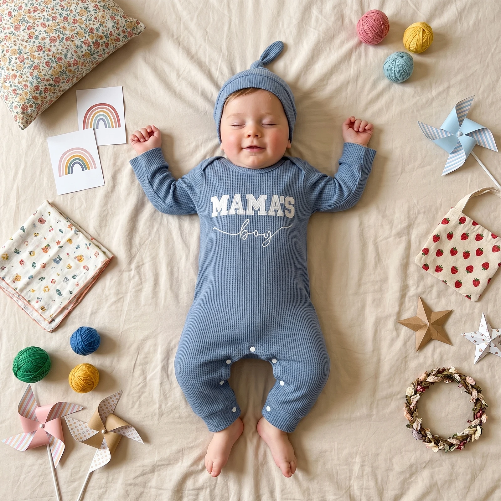 Newborn Baby Boy Fall Outfit Waffled Embroidered Long Sleeve Romper and Hat