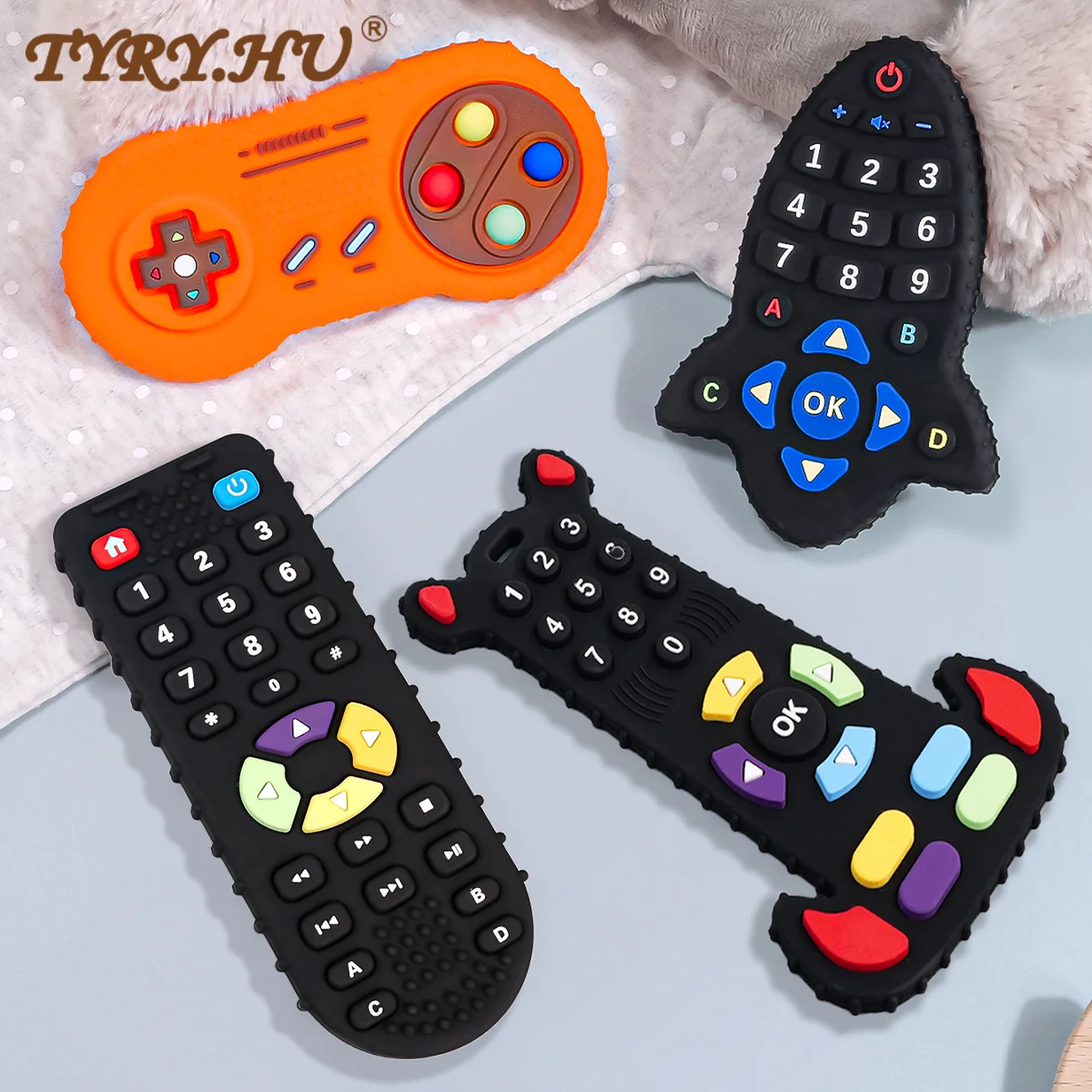 TYRY.HU 2Pc Baby Silicone Teether Toys Remote Control Shape Teether Rodent Gum Pain Relief Teething Toy Kids Sensory Educational