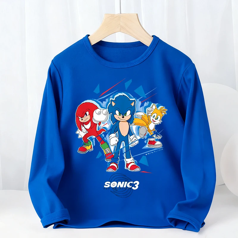 Sonics Kids Long Sleeves T-shirts Cartoon Crewneck Bottoming Undershirts Anime Pullover Thin Top Tees Children Clothing Gift New
