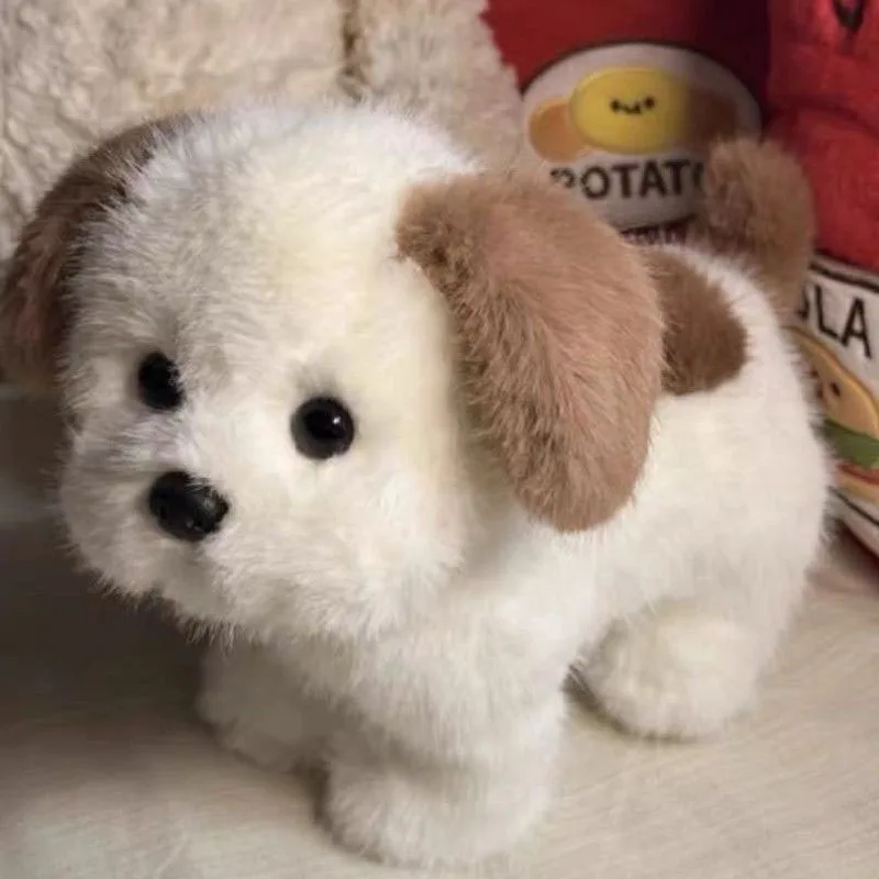 Lindo cachorro de peluche blanco y marrón, Animal relleno suave y esponjoso, perro mascota realista para el hogar, sofá, decoración de escritorio, habitación acogedora, regalo Ideal
