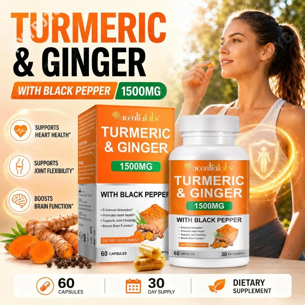 Turmeric & Ginger Capsules with Black Pepper Organic Turmeric Curcumin for Heart Health Joint Flexibility & Brain Function 60 Ct