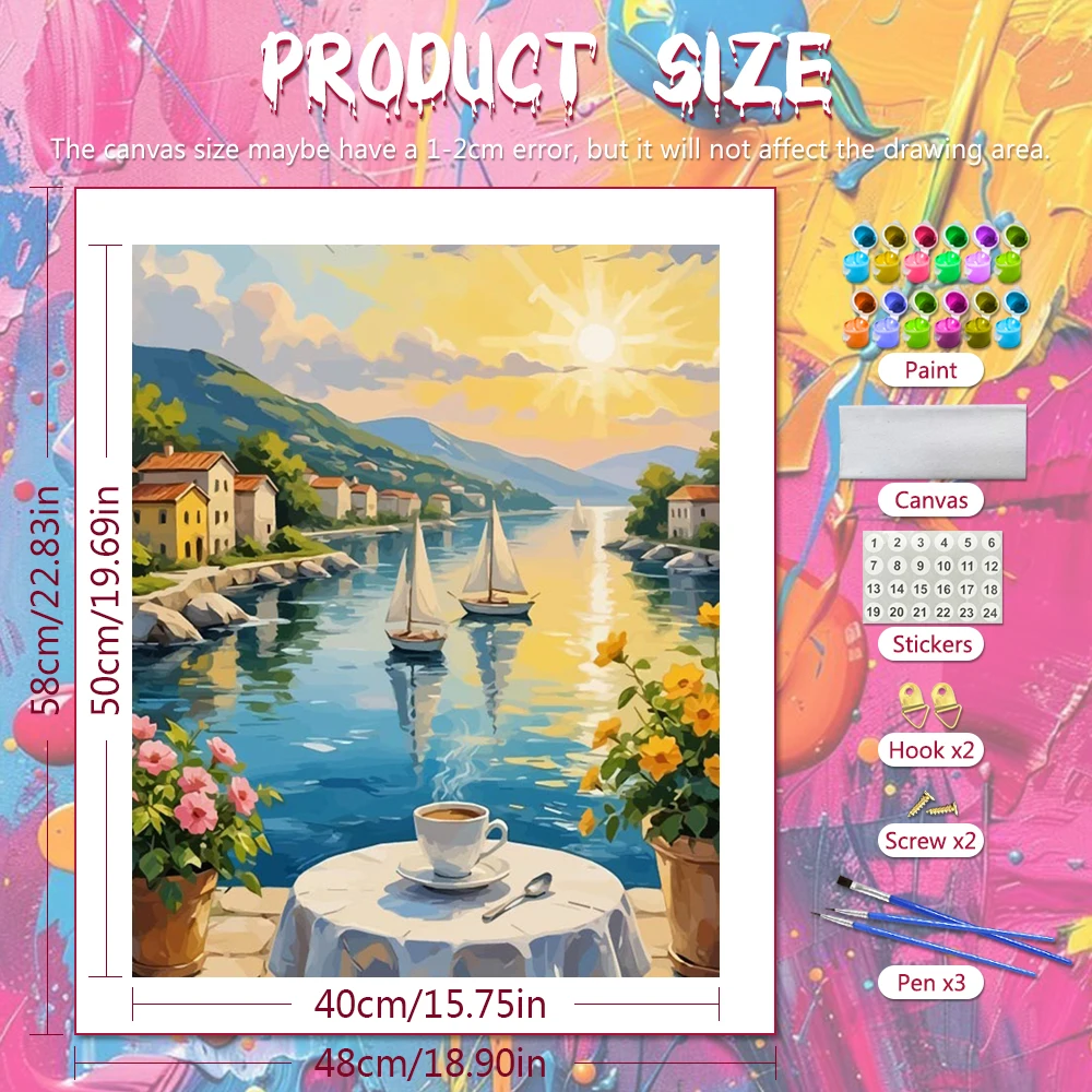Huacan DIY Oil Painting By Numbers Sea Mountain Sailboat Scenery Flower Digital Oil Painting Sunset Landscape House Wall Decor