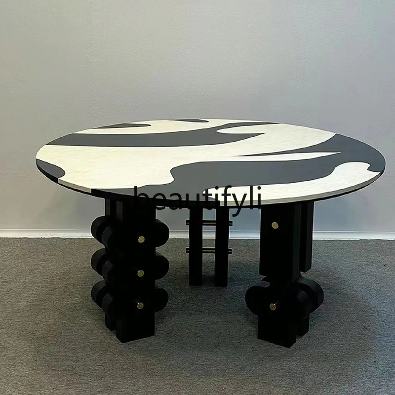 

Medieval solid wood hand-painted art dining table negotiation modern black dining table retro solid wood round table