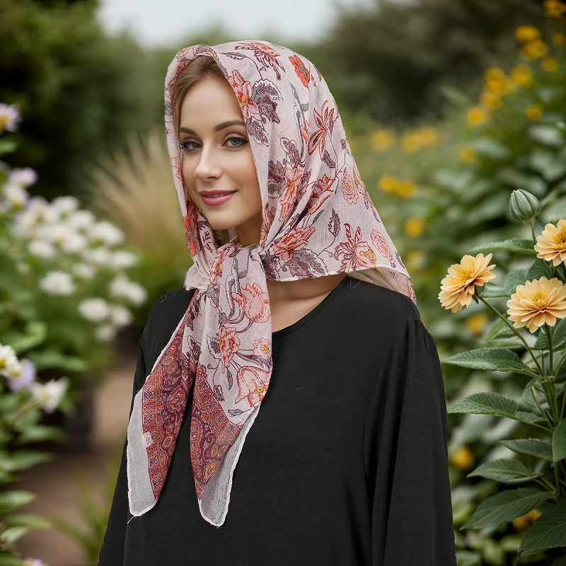 Newest Floral Square Scarf Ethnic Style Viscose Hijab Women Elegant Bandana Fancy Designer Headband Temperament Kerchief