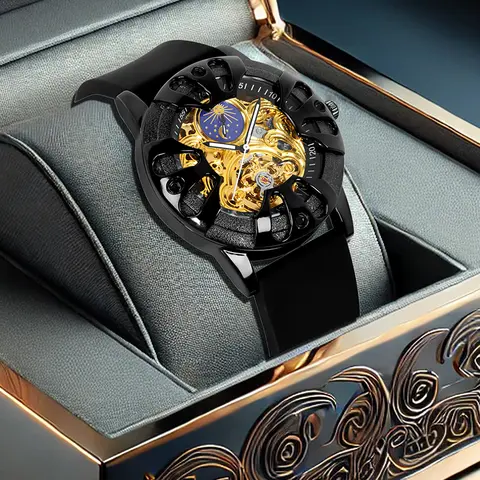 A men's trendy cool collegiate-style skeleton black case watch with a gold dial and black strap, mechanical movement