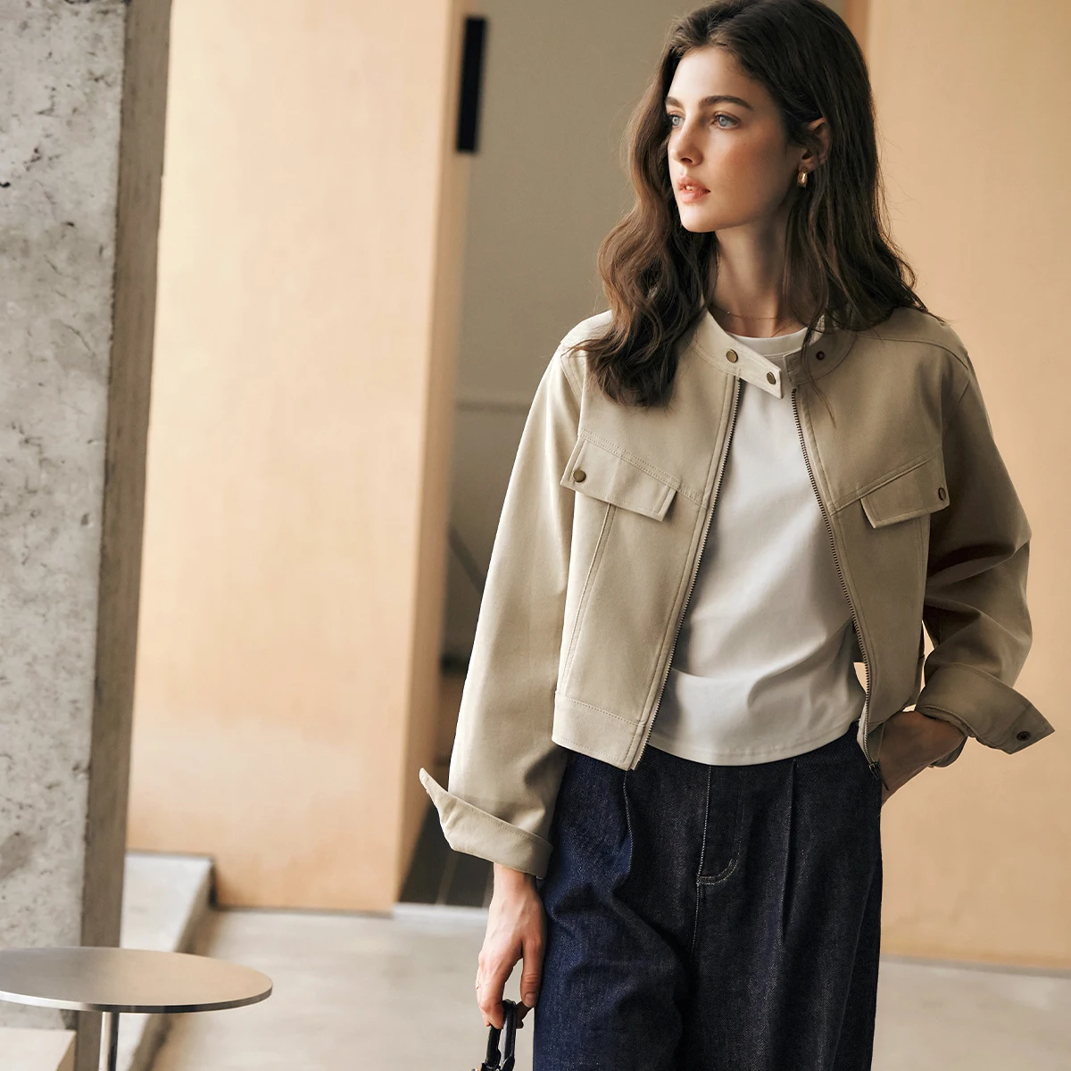 OLrain Vintage Suede Faux Leather Jacket for Woman Winter 2026 Casual Khaki Stand Collar Zip Up Coat Ladies Clothing GO57QW95935
