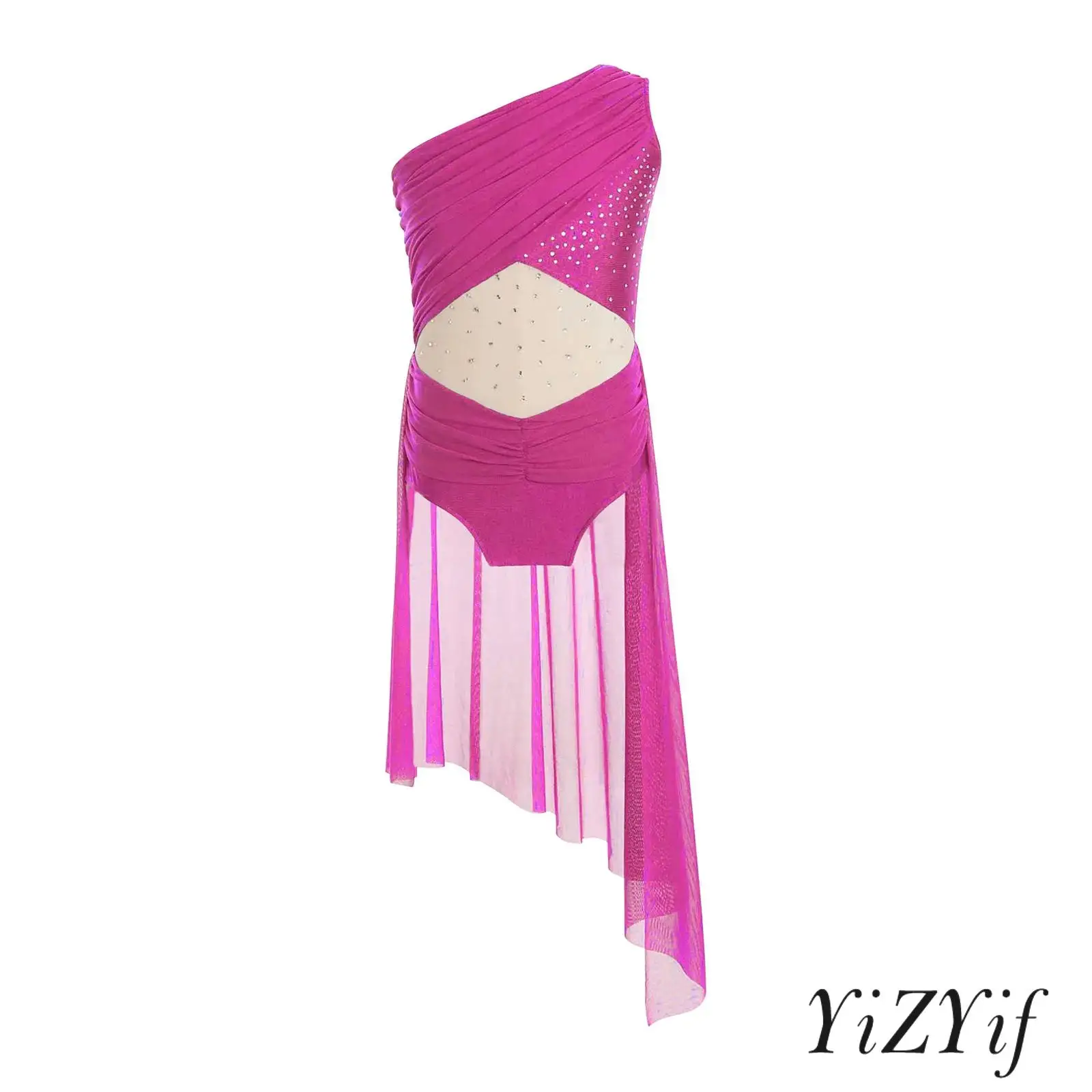 

Sparkly Rhinestone Modern Contemporary Dance Leotard for Girls Ruched Mesh Irregular Hem Skirt for Lyrical Dance Competitions