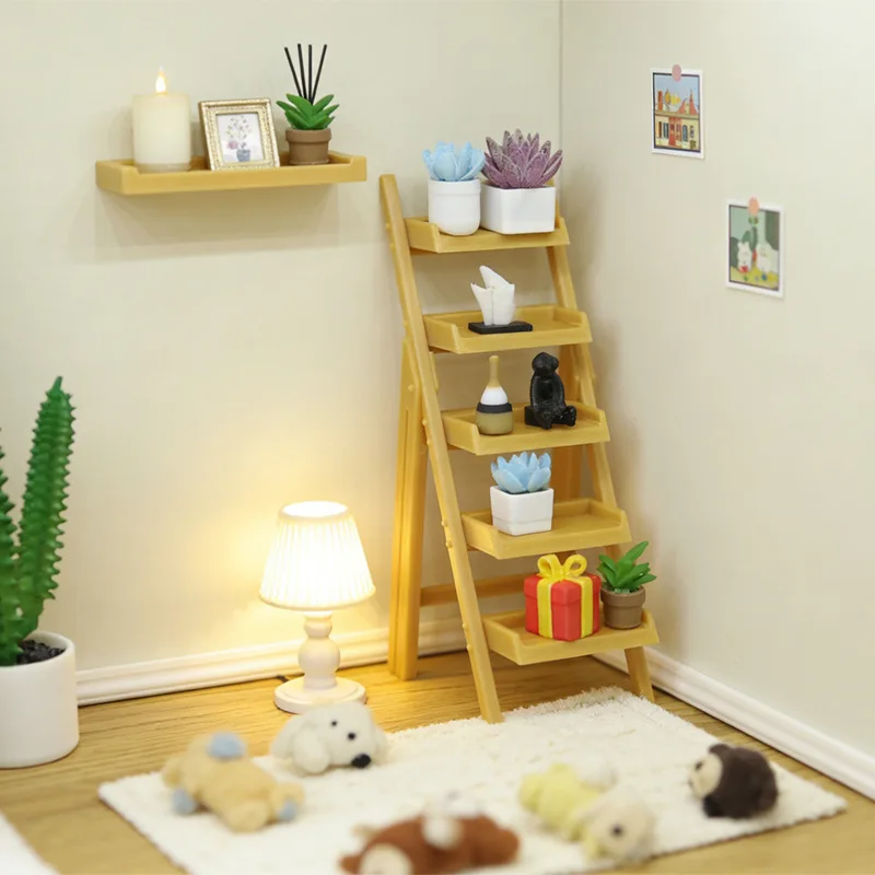 

1:12 Scale Dollhouse Mini 2-Tier Shelf,Miniature Food Play Storage Rack&DIY Decor Ladder,Realistic Pretend Play Toy for Diorama