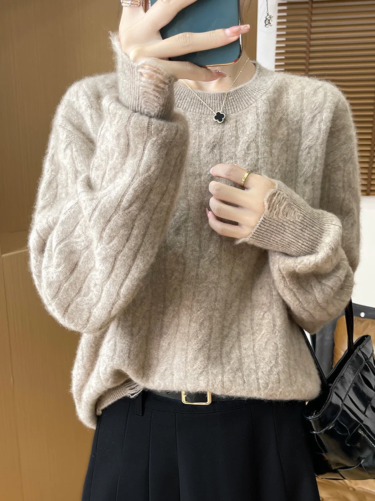 

Women's Sweater 100% Merino Wool Pullover Autumn Winter Knitwear O-neck Casual Soft Cashmere Hollow Out Twist Flower Clothes Top