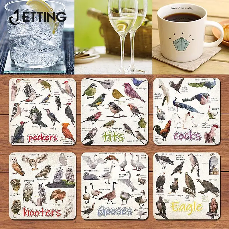 Home Funny Coasters Set For Bird Lover Set Of 6 Bird Pun Coasters, Bird Pun Coasters For Drinks, Square Coaster Set For Cups