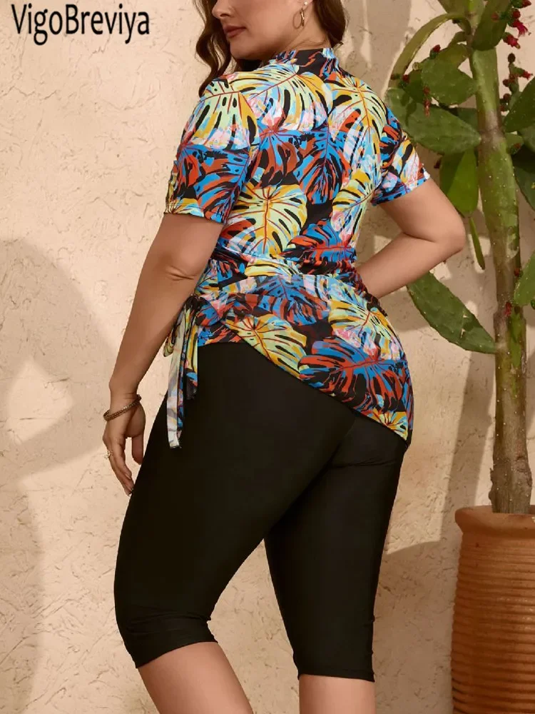 VigoBreviya 2025 طباعة 3 قطعة شبكة تنورة حجم كبير مجموعة البكيني النساء السمين قصيرة الأكمام ملابس السباحة الشاطئ سيدة متعرج ثوب السباحة