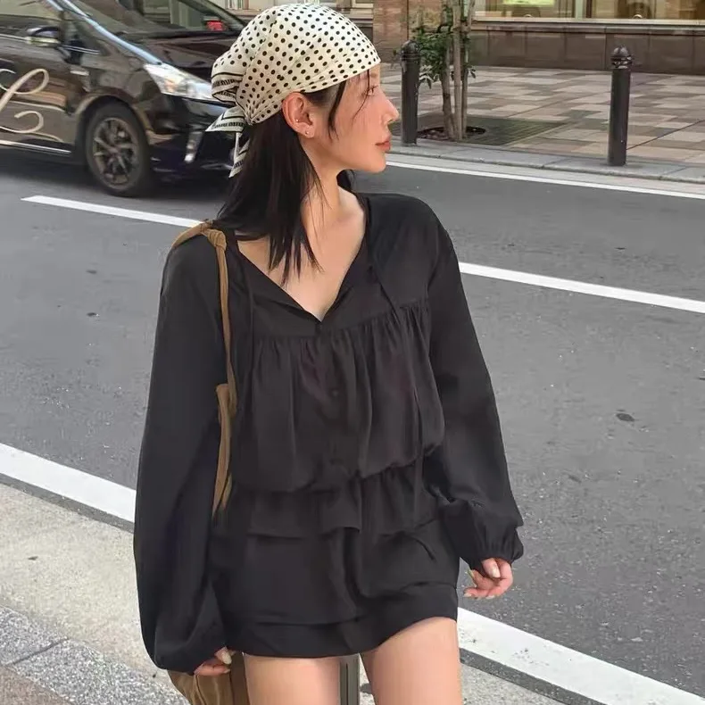 

2026 Summer New Dongdaemun V-neck Drawstring Waist Shirt Dress Women Slimming Short Skirt Korean Style Cotton Polyester
