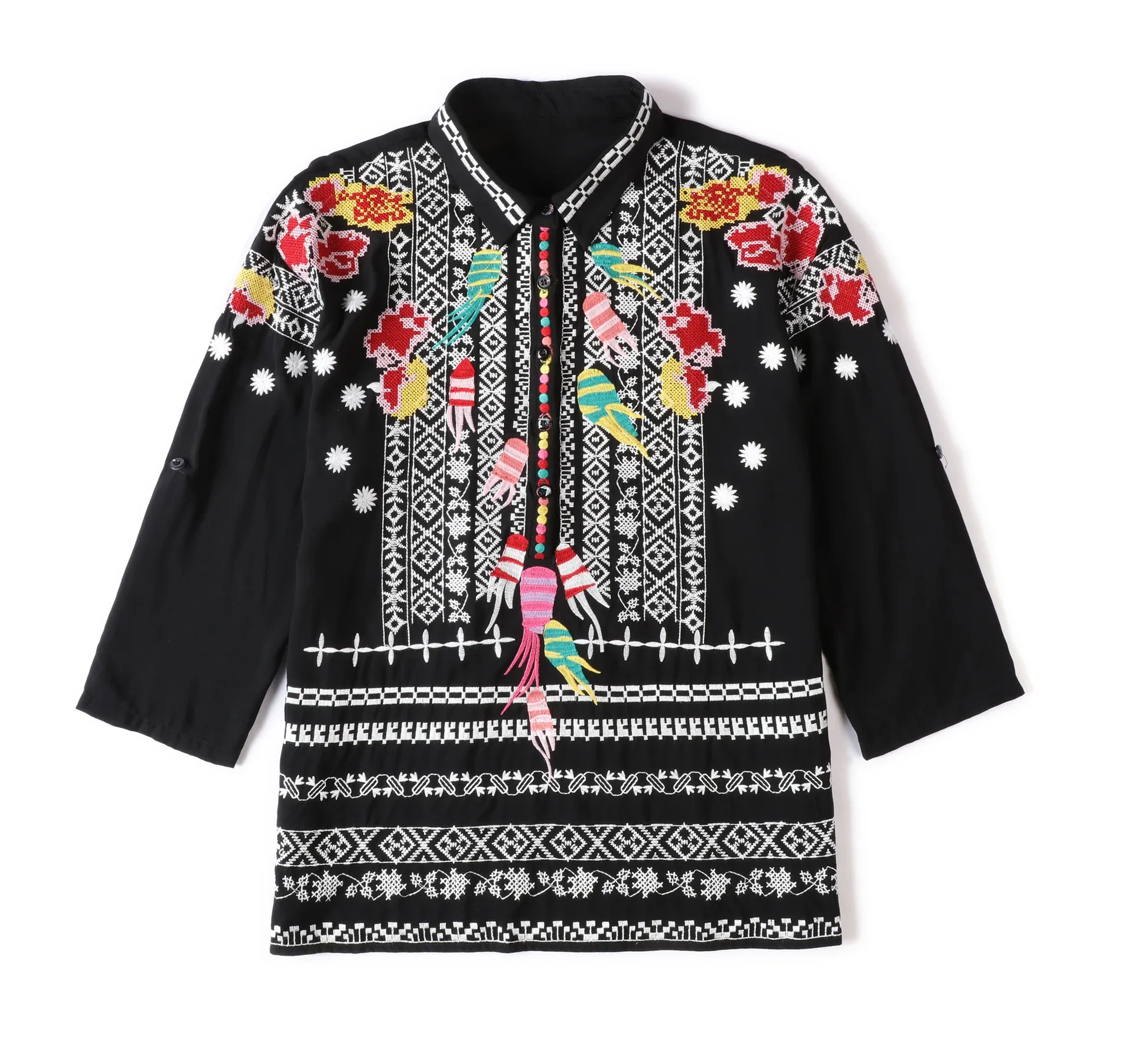 TEELYNN czarna kwiecista haftka bluzka damska 2024 vintage bawełniane jesienne bluzki topowy sweter boho camisas mujer Boho