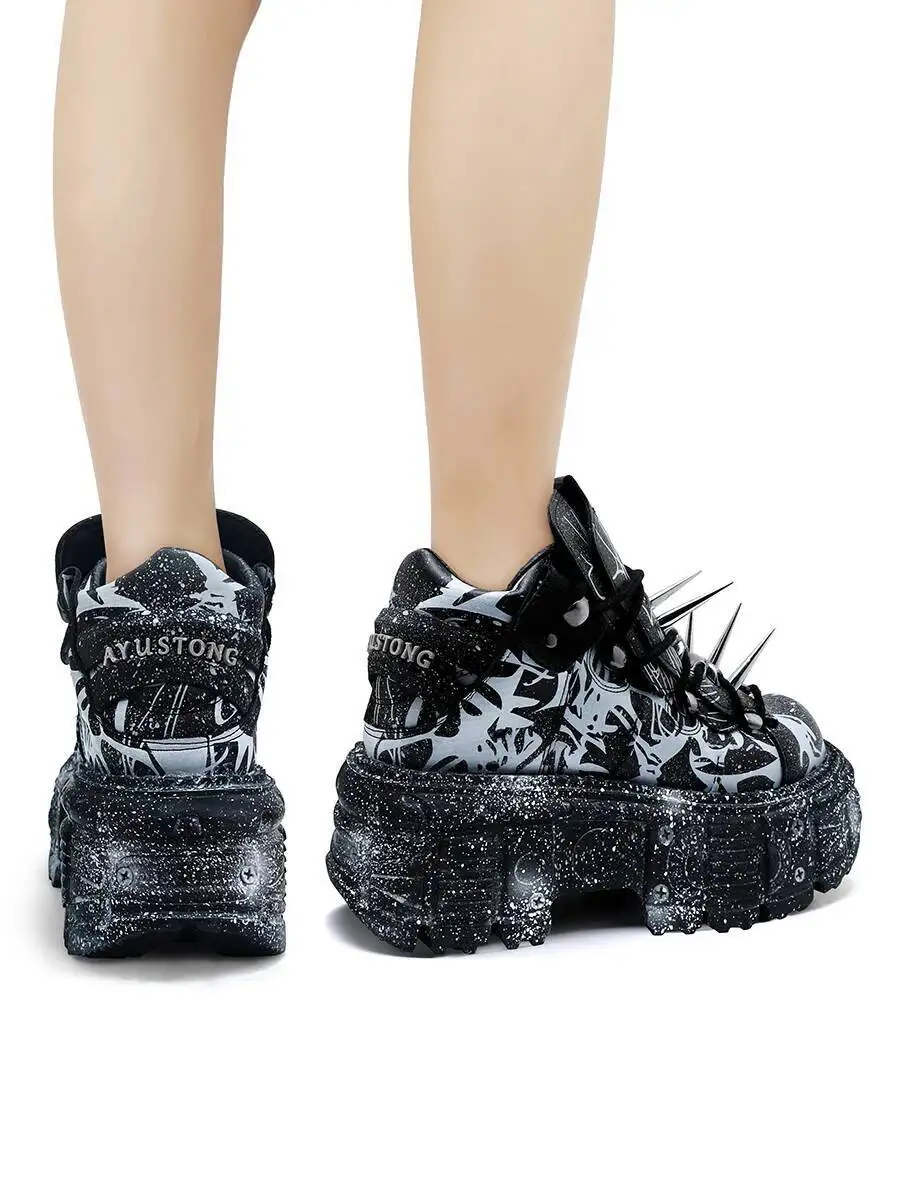 Punk Rock Metal Rivet  New Fashion Platform Round Head Sports Leisure Platform Shoes Mixed Color Printing Single Shoe view 5