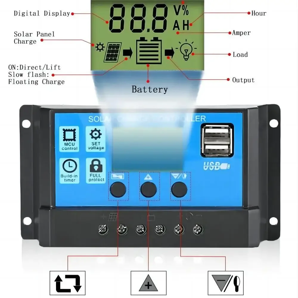 30A  Solar Panel Charge Controller 12V 24V PWM  MPPT 20A 10A  Automotive Battery Charger Regulator  USB Output 5V Max PV 50V DC