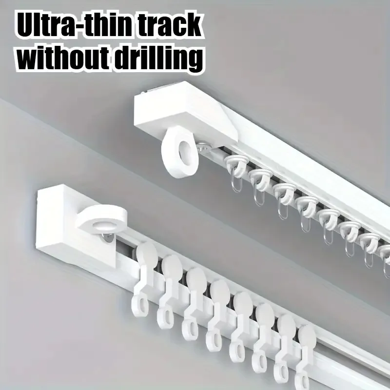 No Drill Adhesive Curtain Track, Heavy-Duty Plastic Rail for Shower/RV/Bedroom, Fits Glass/Tile/Gypsum