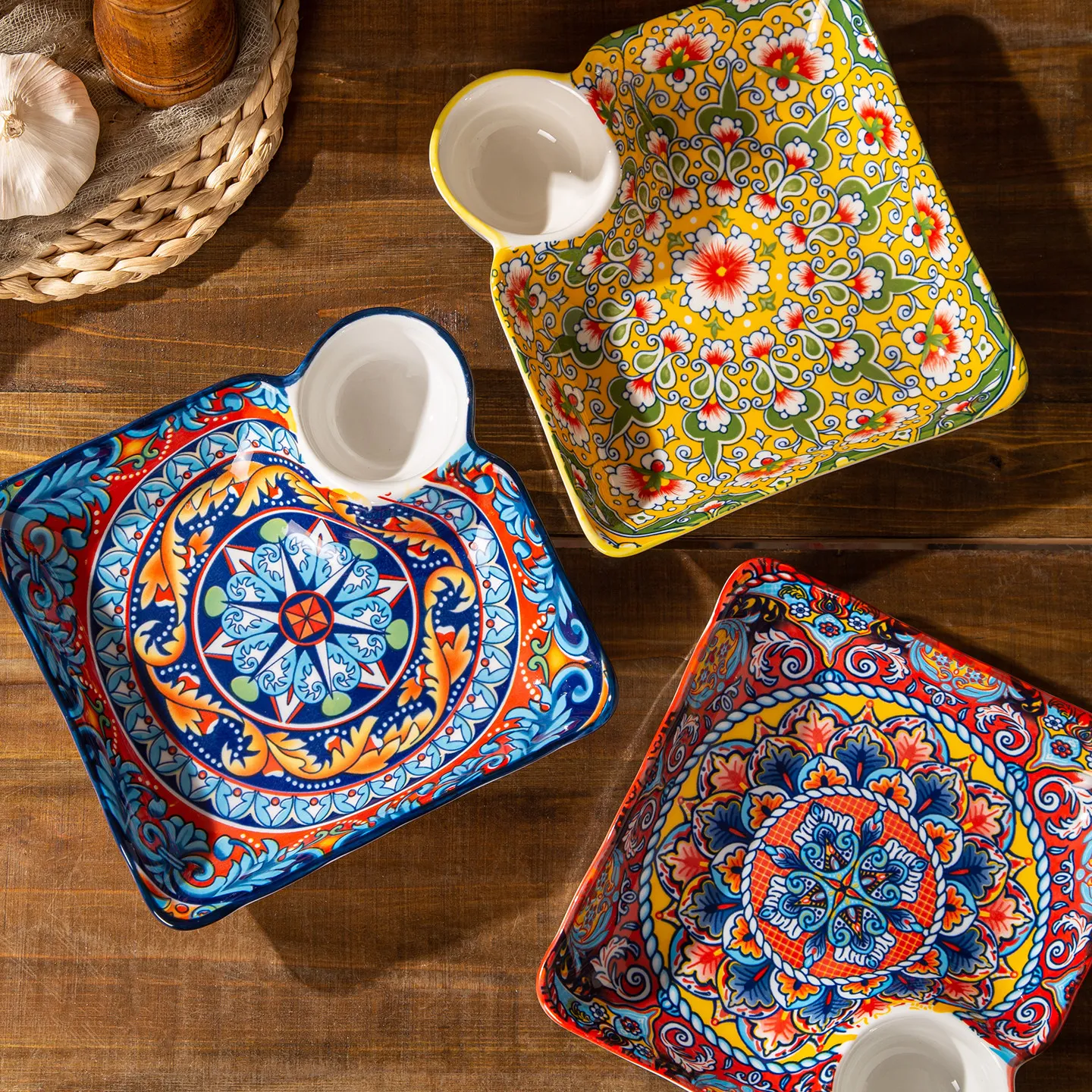 Retro Ceramic Dumpling Plate with Vinegar Dish Square Breakfast Compartmentalized Plate Dumpling-Specific Plate