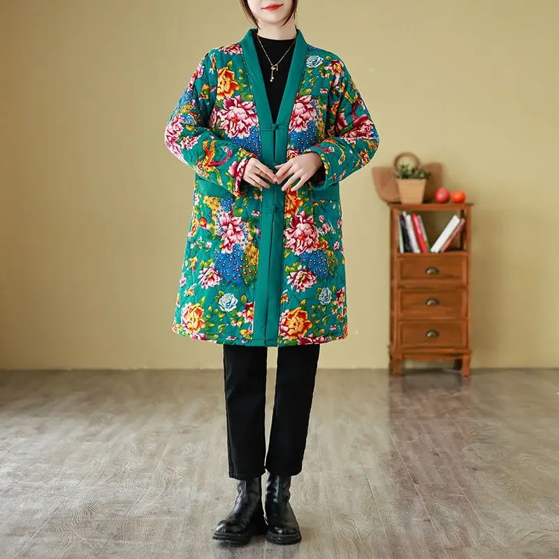 Women's Clothing Ethnic Style Printed Fleece Lining Warm Mid-length Cotton Coat Button Fastening Cotton Jacket Comfortable Warm