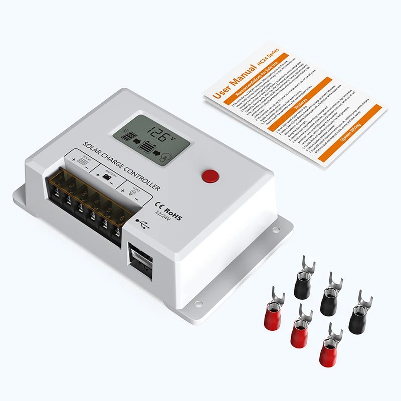 Solar Charge Controller 10A, Bateria Power 12V/24V PWM Solar Controller with LCD Display Dual USB Multiple Load Control Modes fo