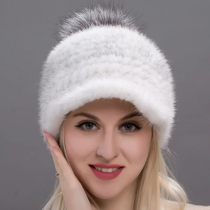 

Mink Woven Hat Real Fox Hair Needle Woven Duck Tongue Hat Fur Ear Protection Warm Fur Hat Europe and America