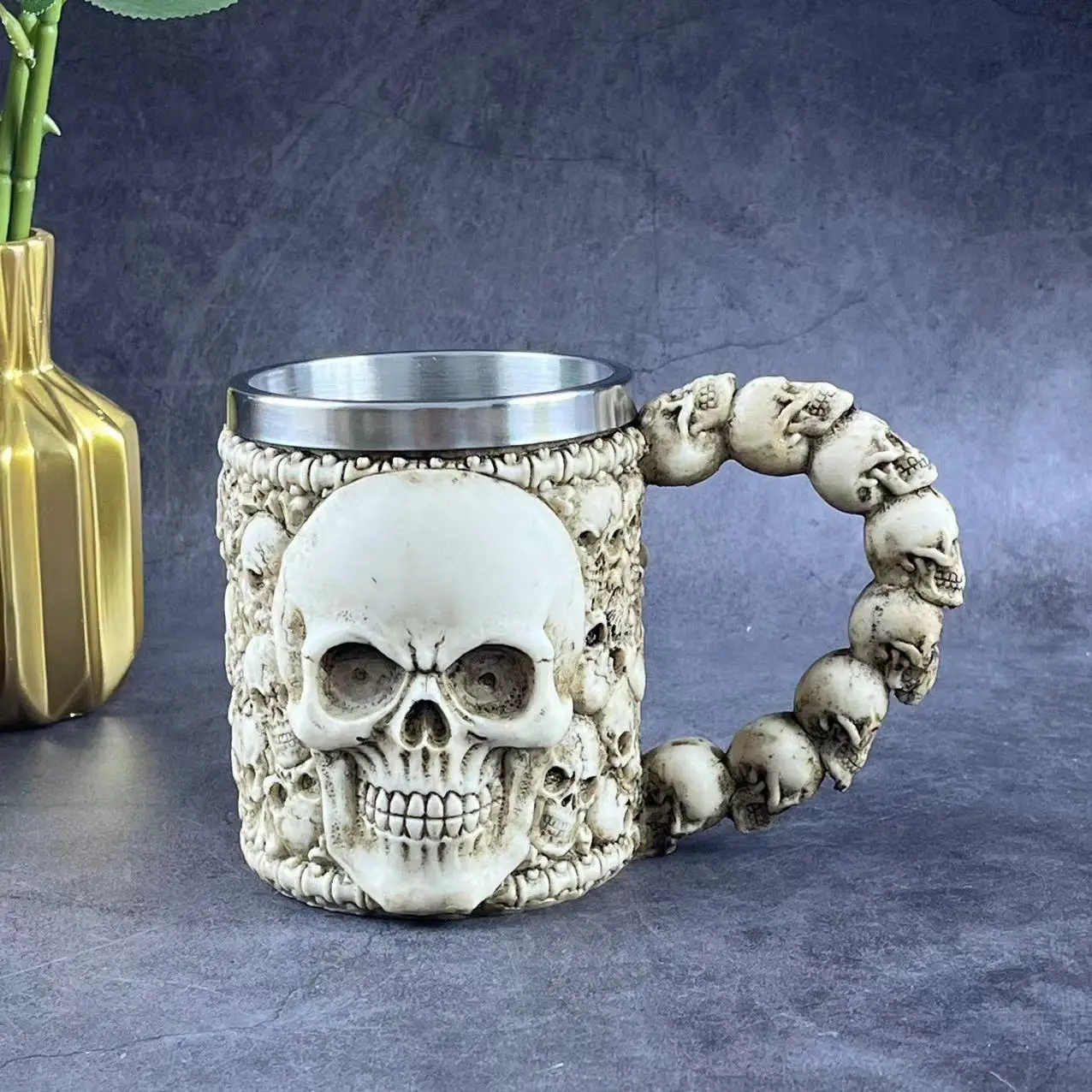 Taza de cerveza de acero inoxidable de resina de calavera gótica, jarra de dragón y Caballero, taza de café de Halloween, taza de té de Navidad, decoración de Pub y Bar