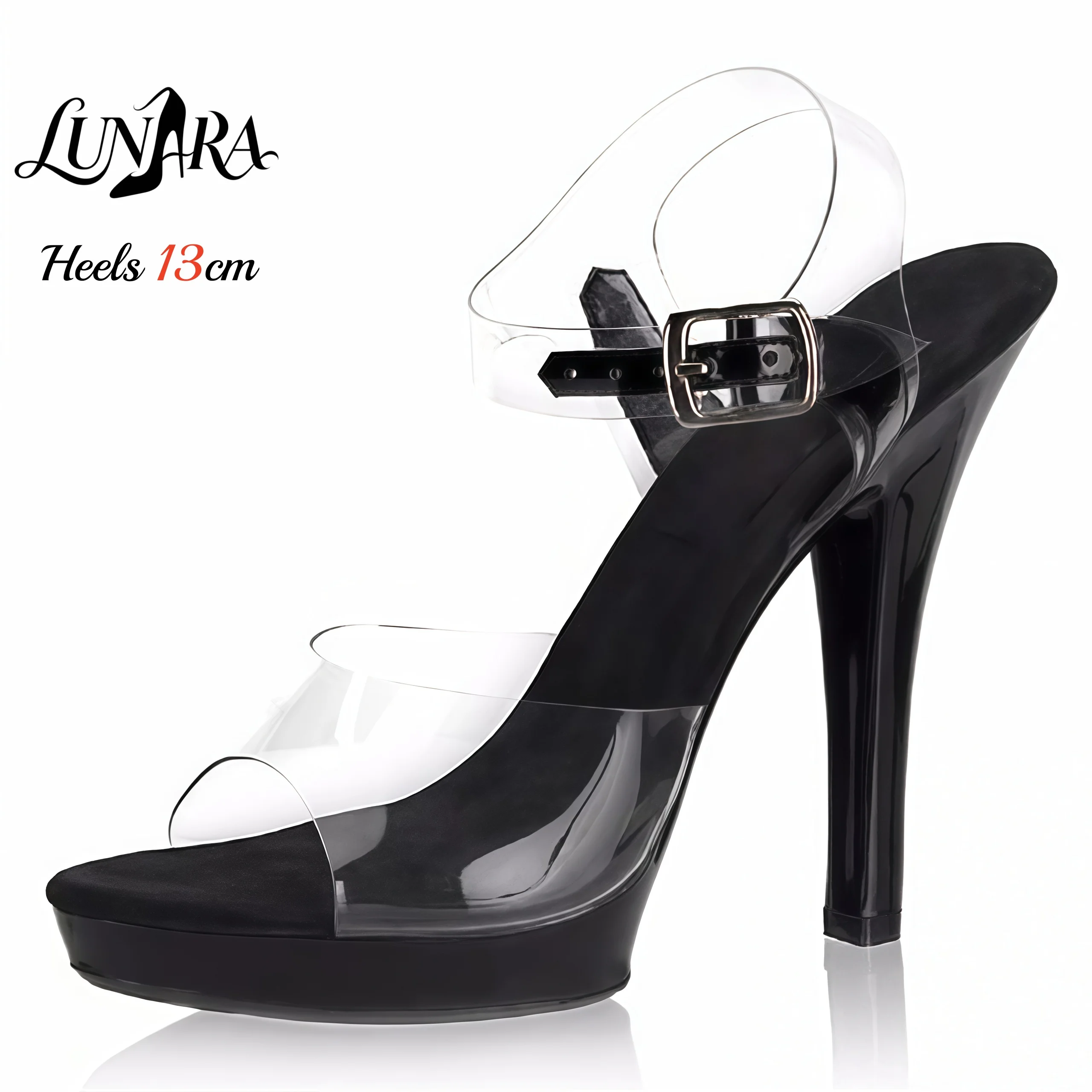 13cm Transparente PVC High Heel Sandalen mit Schwarzer Sohle, Offener Zehenbereich, Knöchelriemen mit Schnalle, Rutschfest, Sexy Bühnen- und Nachtclub-Schuhe