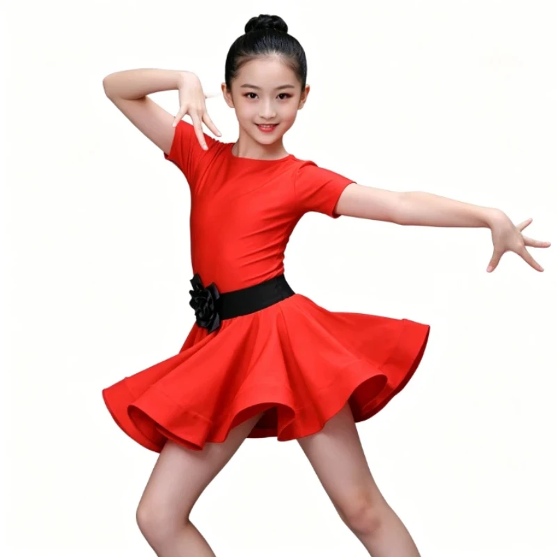 Children's Latin Dance Skirt Summer New Style Girls' Practice Dress Children's Short Sleeve Exam Competition Performance Dress