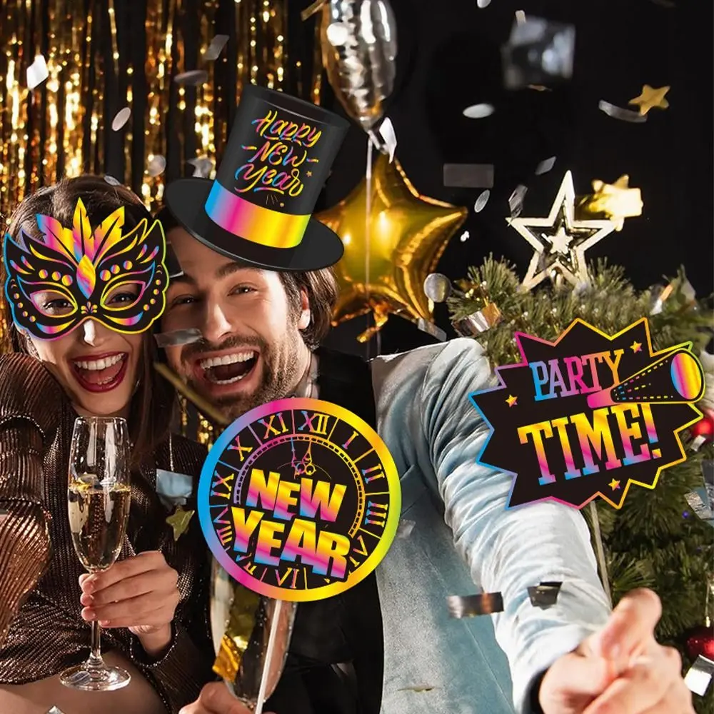 30 pçs colorido 2025 ano novo fotografia adereços dos desenhos animados diy photo booth adereços papel elegante feliz ano novo decoração